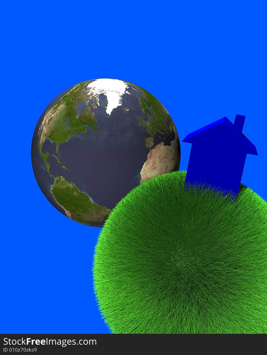 Blue house on sphere of grass with earth