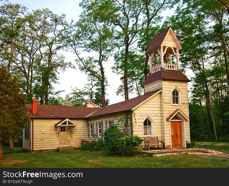 View of historic old wooden church and meeting place. View of historic old wooden church and meeting place.