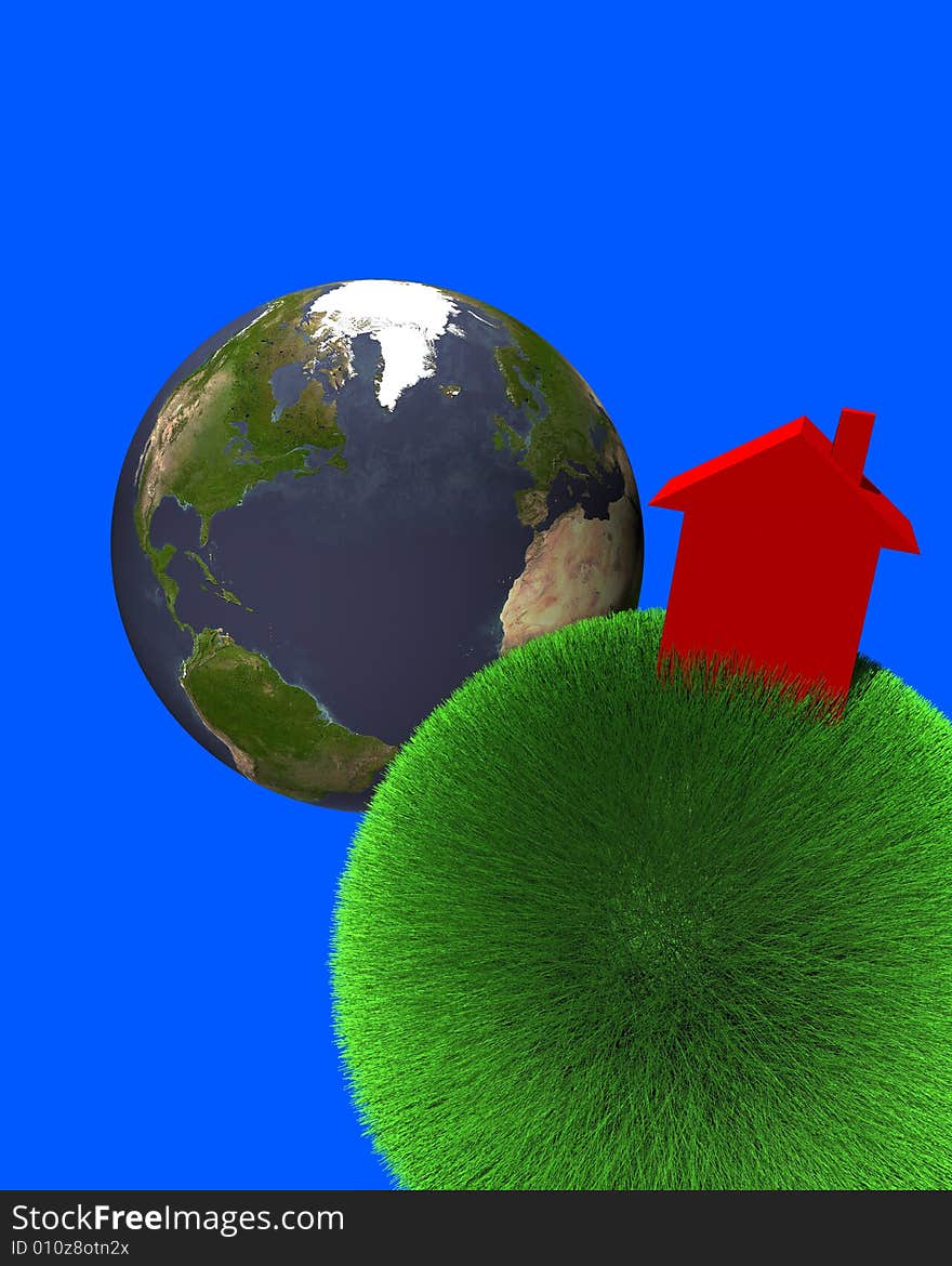 Red house on sphere of grass with earth