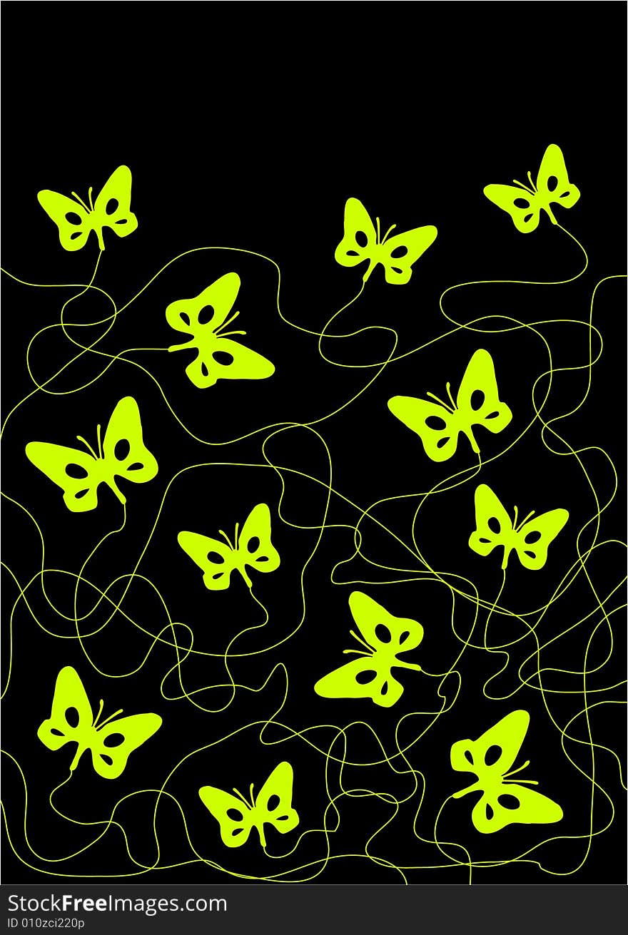 Green butterflies in black night