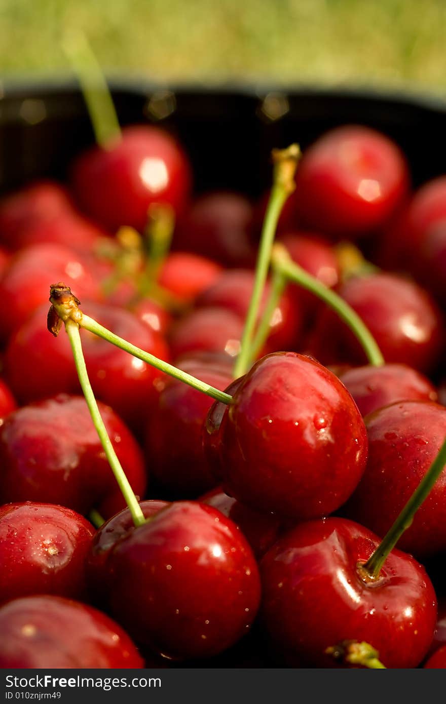 Sweet cherry in a plastic bowl