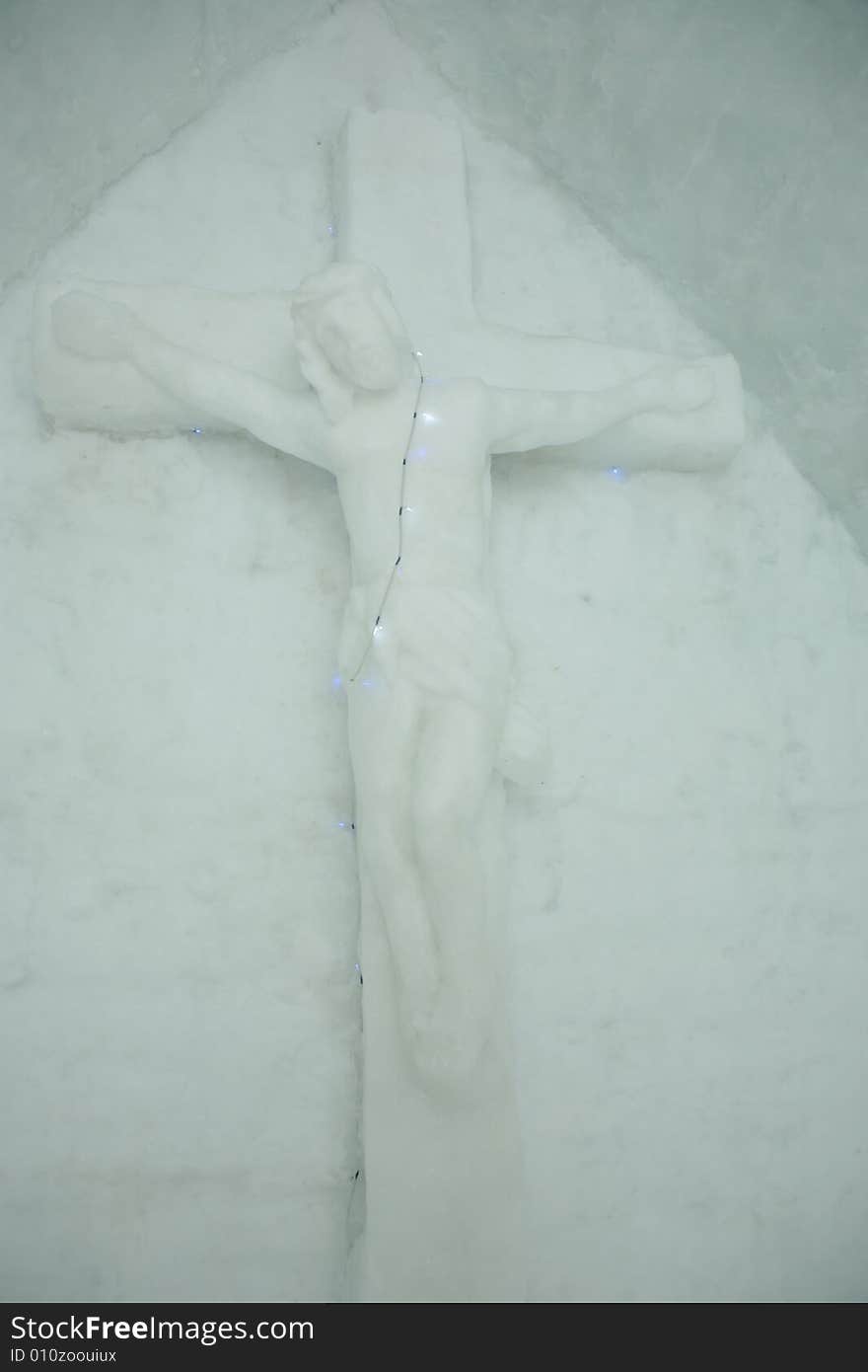 Jesus sculpted in ice in an ice church at Balea Lake, Fagarasi Mountains, Romania. . Jesus sculpted in ice in an ice church at Balea Lake, Fagarasi Mountains, Romania.