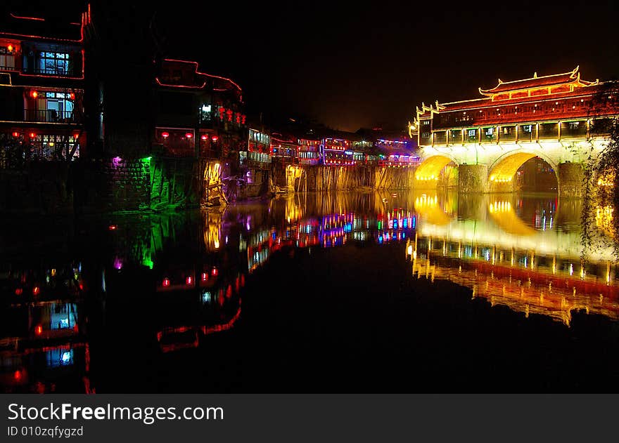 Nocturne of Hong Bridge,an Chinese bridge of Fenghuang in the night,Hunan,china