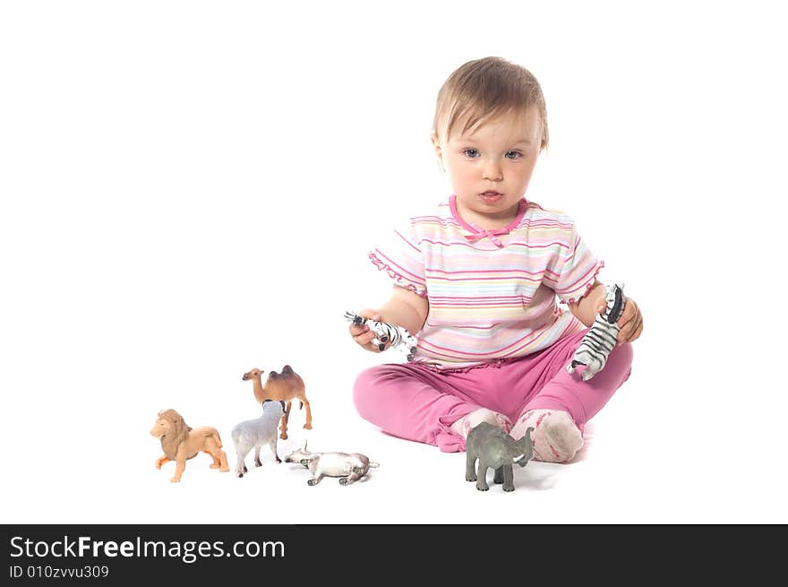 Active baby girl on white background. Active baby girl on white background