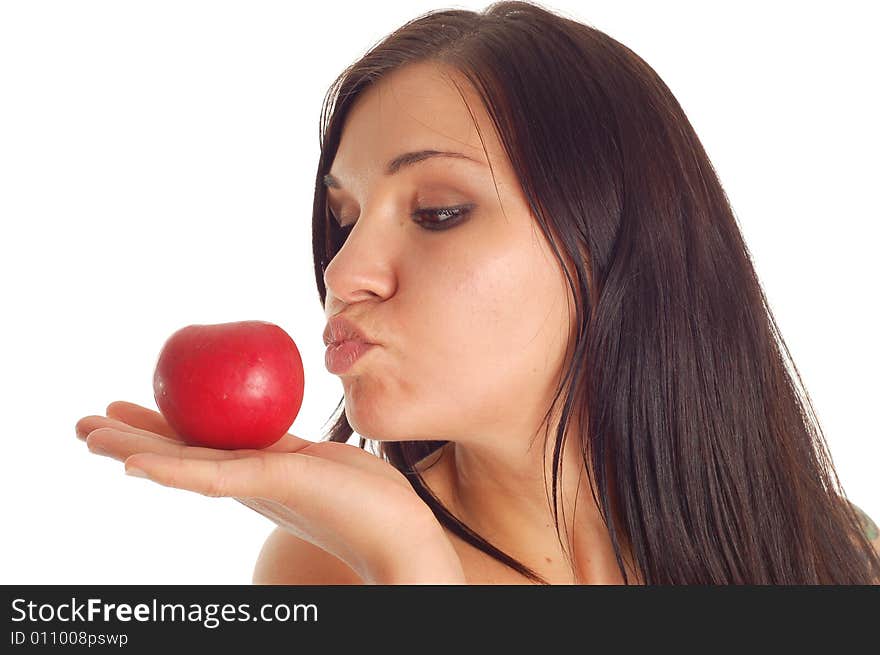 Active woman with apple on white background. Active woman with apple on white background