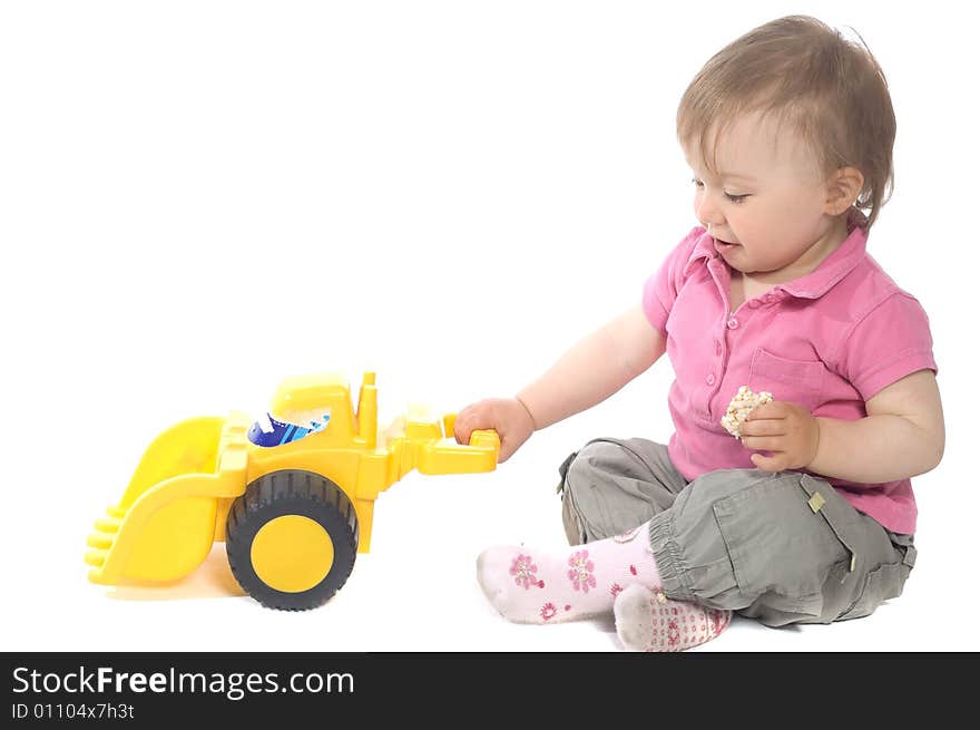 Active baby girl on white background. Active baby girl on white background