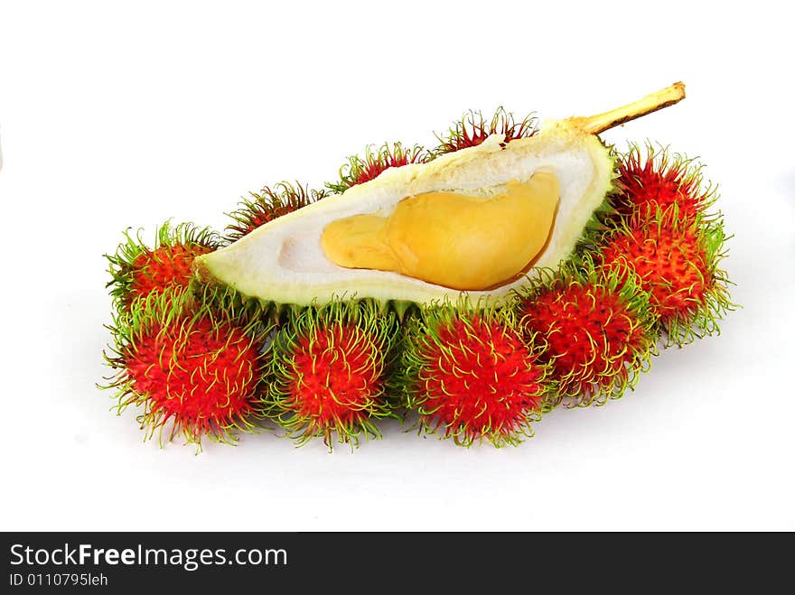 Durian and Rambutans on white background