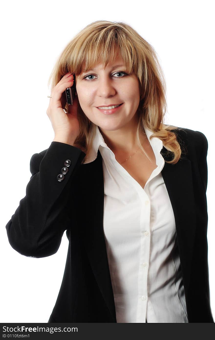 Successful smiling woman talking on mobile phone.