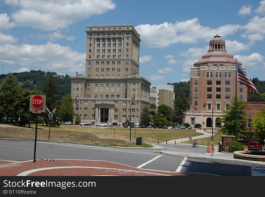 Two government building in Asheville North Carolina during the summer. Two government building in Asheville North Carolina during the summer