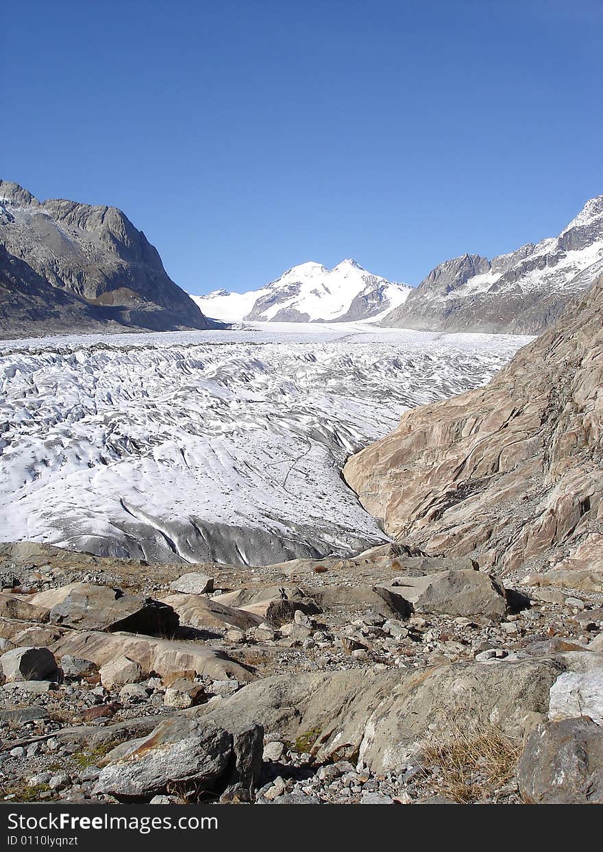 View Of Monch And Eiger Summits And Of Aletsch Glacier The Longest River Of Ice In The European Alps Canton Of Valais Switzerland. View Of Monch And Eiger Summits And Of Aletsch Glacier The Longest River Of Ice In The European Alps Canton Of Valais Switzerland.