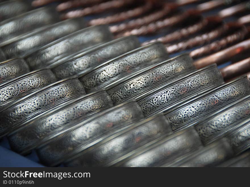 Close-up abstract photo of bracelets in a Nepalize marketplace. Close-up abstract photo of bracelets in a Nepalize marketplace