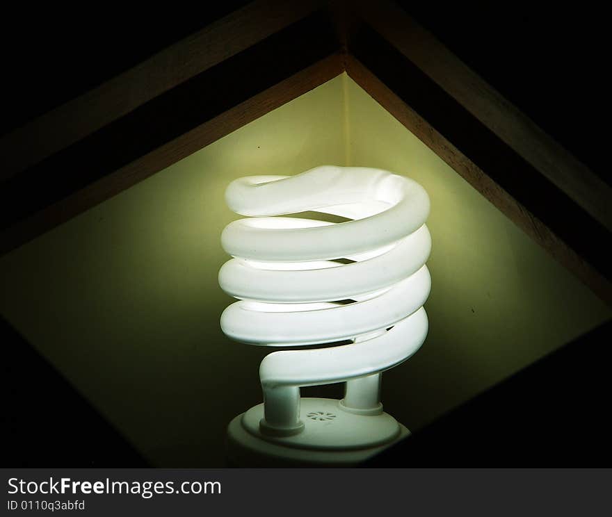 Compact fluorescent light bulb lit up. Compact fluorescent light bulb lit up