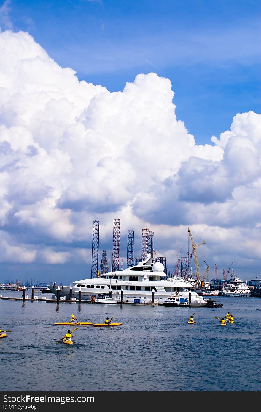 Beautiful habor view wth blue sky and luxury yacht in tropical country