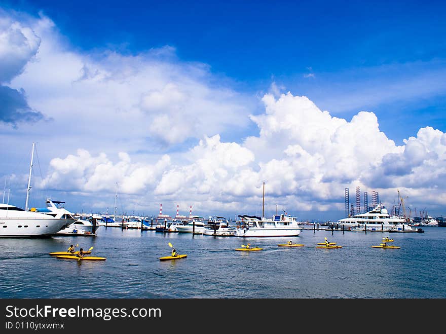 Beautiful habor view wth blue sky and luxury yacht in tropical country