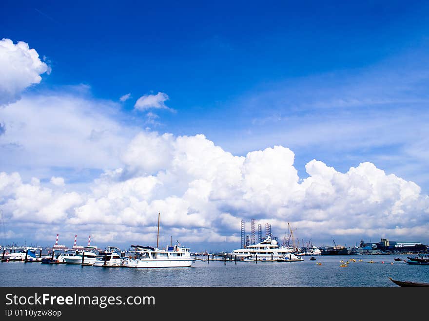 Beautiful habor view wth blue sky and luxury yacht in tropical country