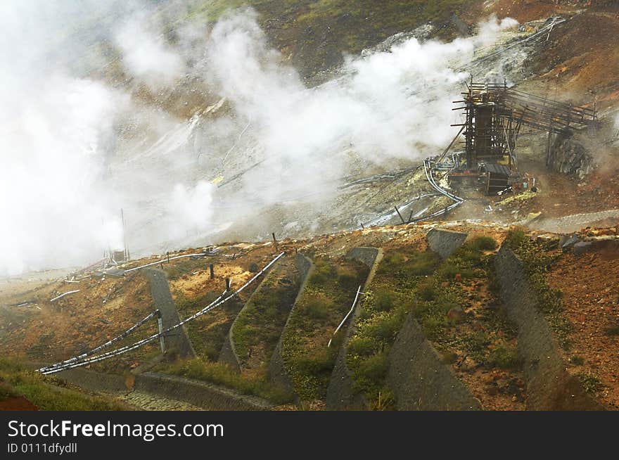 Forgotten coalmine in heavy fog