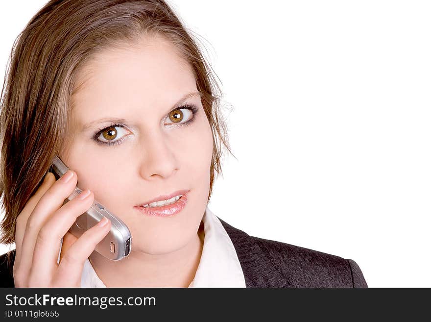 Girl with mobile phone on white background. Girl with mobile phone on white background