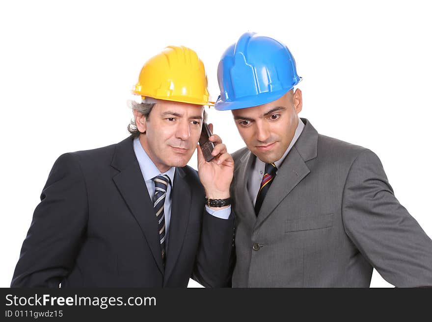 Two Engineers or Architects, on the phone, isolated in white background