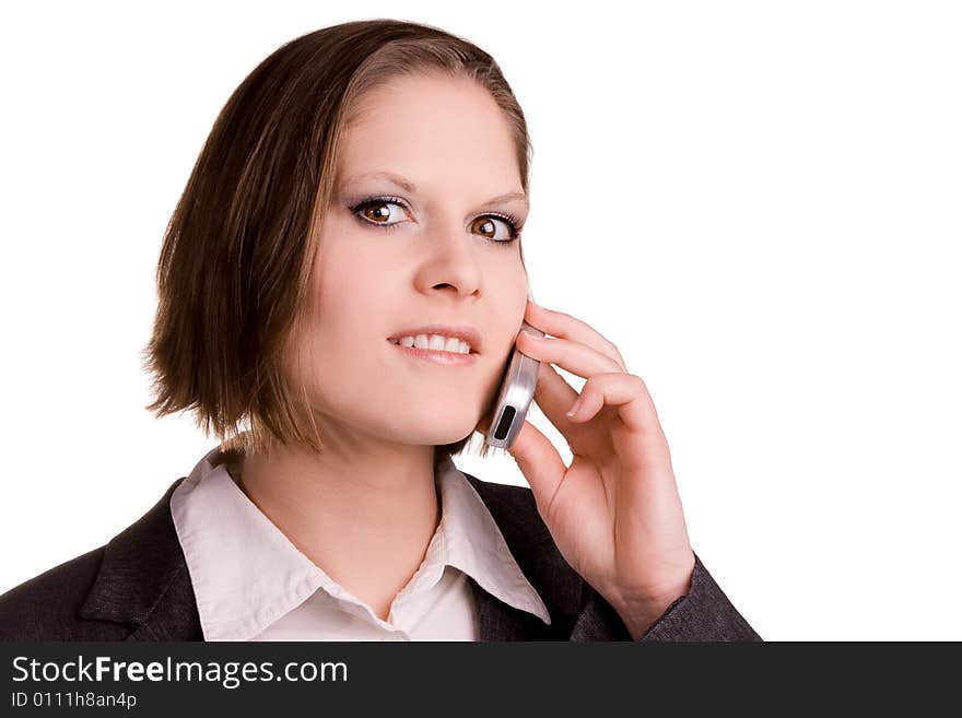 Girl with cell phone on white background. Girl with cell phone on white background