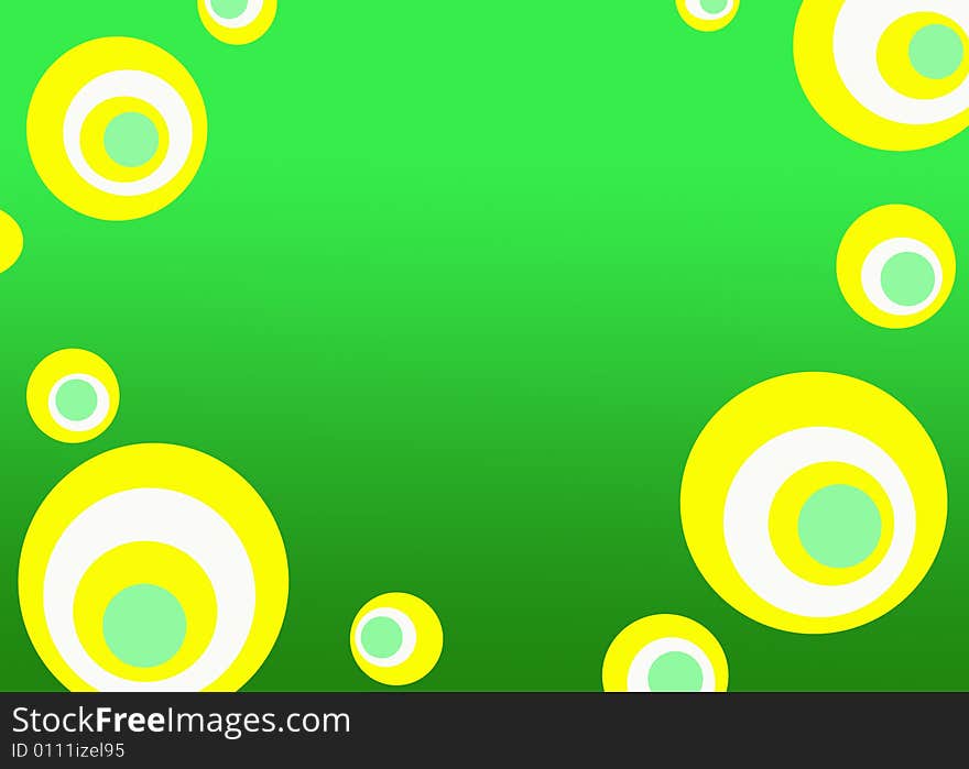 Funny green background with a yellow-white-and-green pois frame. Digital drawing. Coloured Picture. Funny green background with a yellow-white-and-green pois frame. Digital drawing. Coloured Picture.