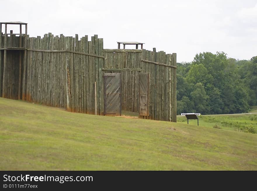 A reproduction of the north gate and gun towers at the Andersonville prison stockade in Georgia. A reproduction of the north gate and gun towers at the Andersonville prison stockade in Georgia