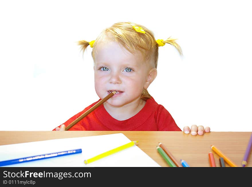 Cute little girl and color pencils isolated on white