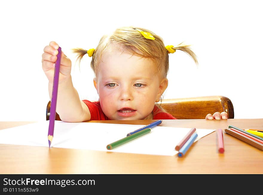 Cute little girl and color pencils isolated on white. Cute little girl and color pencils isolated on white