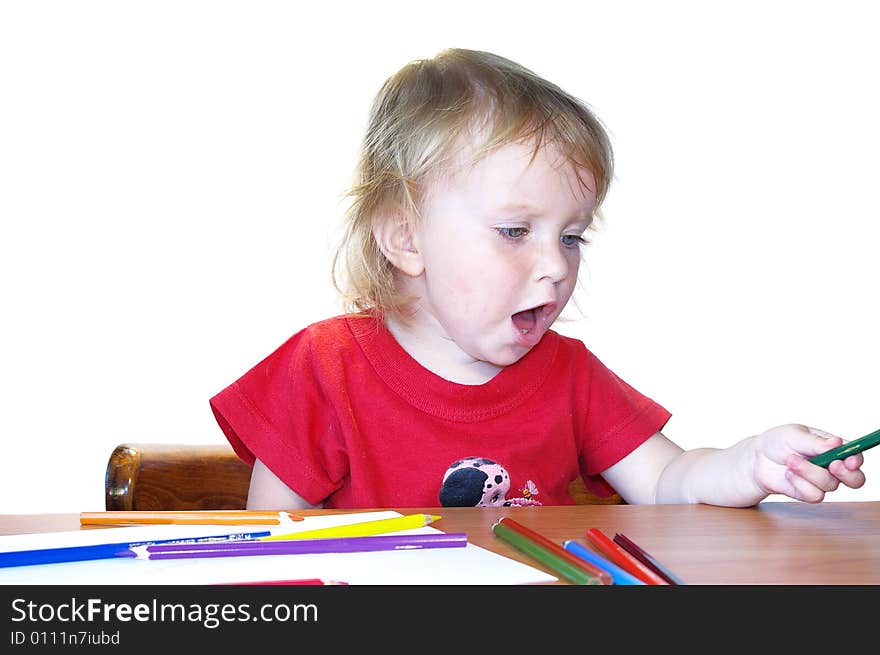 Cute little girl and color pencils isolated on white. Cute little girl and color pencils isolated on white