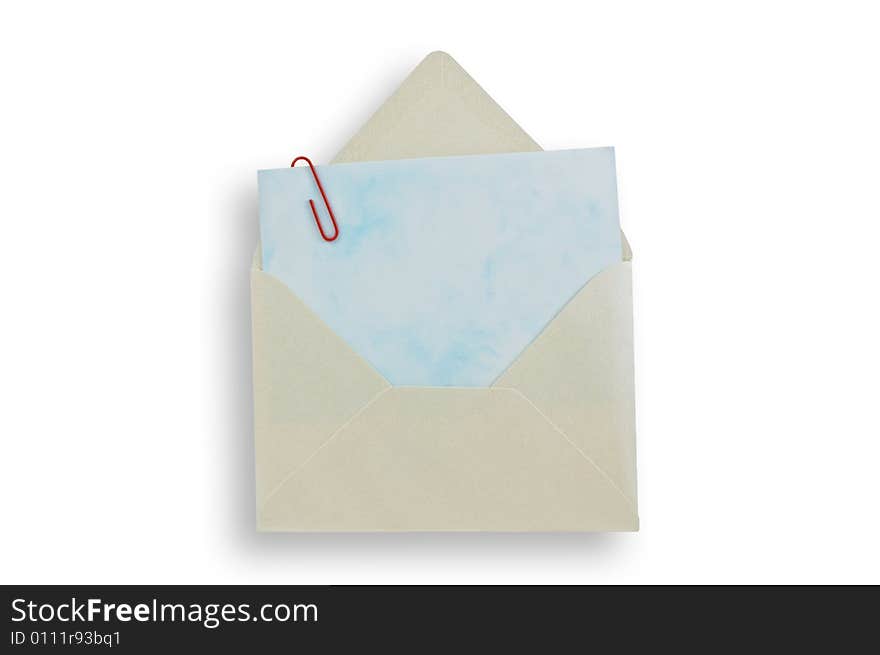 Open envelope wiht card inside, isolated white background, clipping path. Open envelope wiht card inside, isolated white background, clipping path.