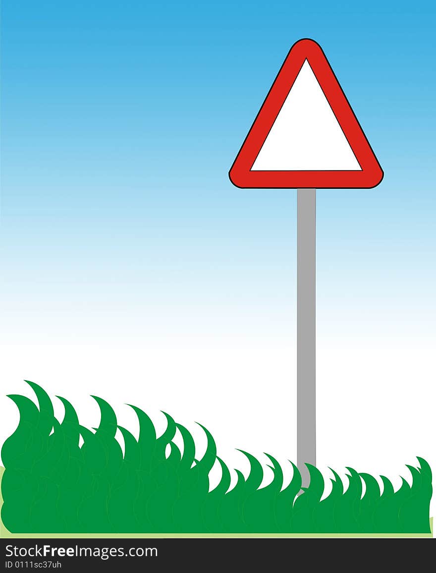 Blank road sign and grass with sky.