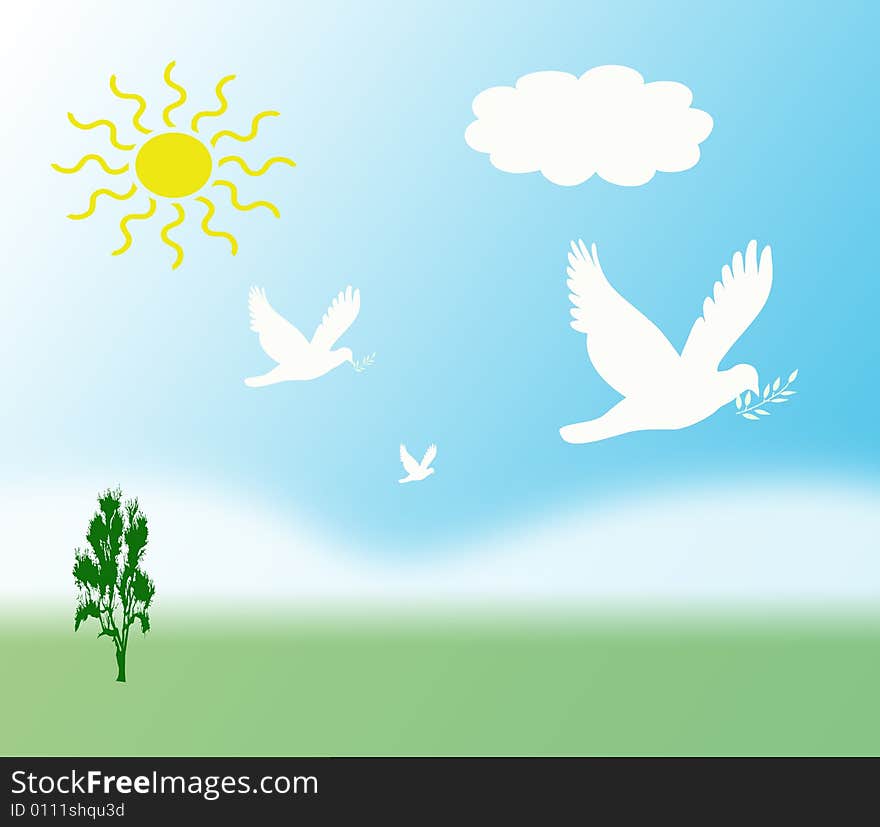 Computer generated illustration with three white doves, blue sky and sunshine. Computer generated illustration with three white doves, blue sky and sunshine