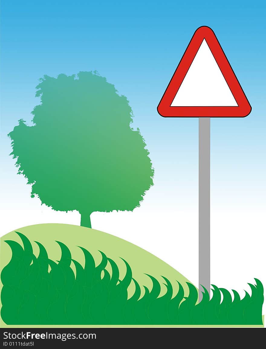 Road sign, tree and grass