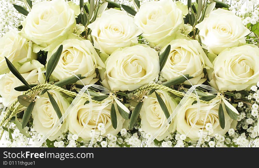 Closeup of a brides white rose bridal bouquet. Closeup of a brides white rose bridal bouquet