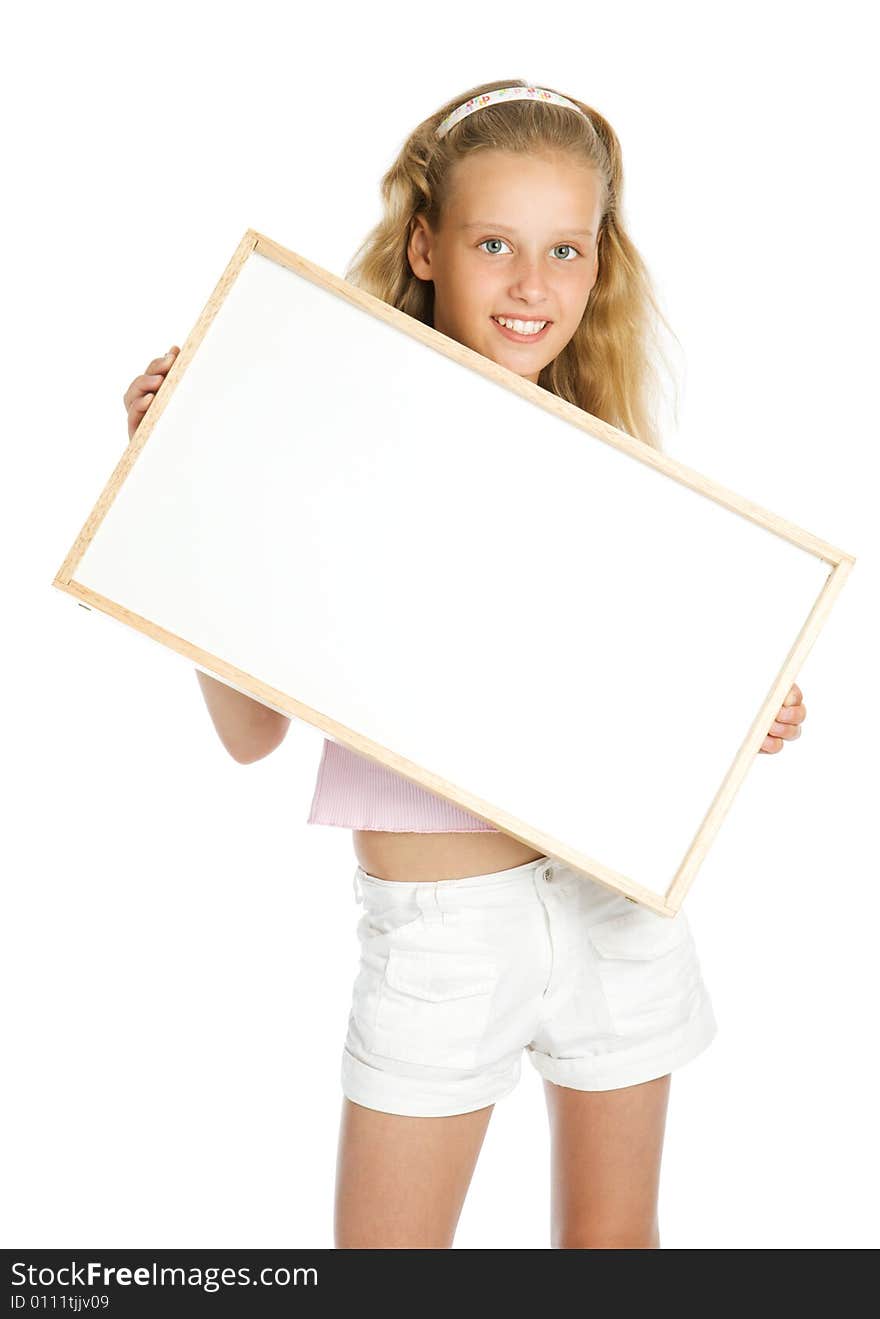 Young Girl Holding A White Banner