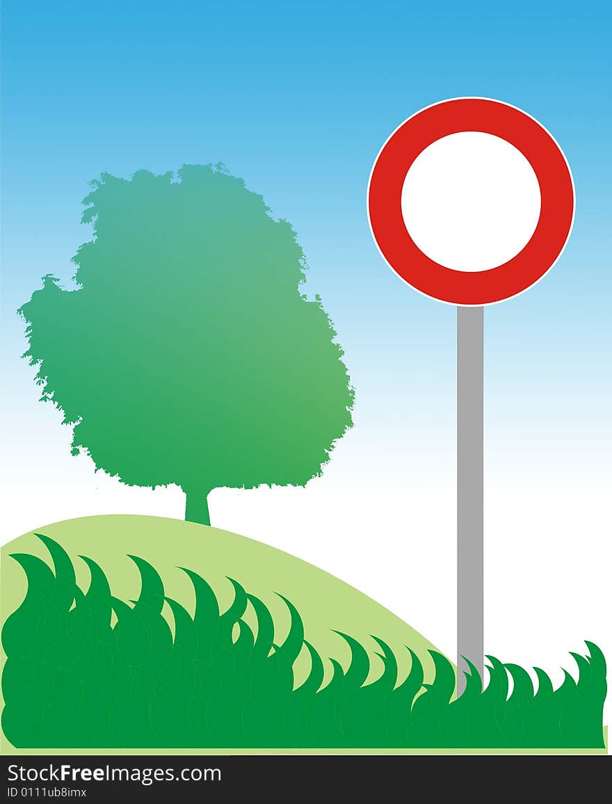 Road sign, tree and grass