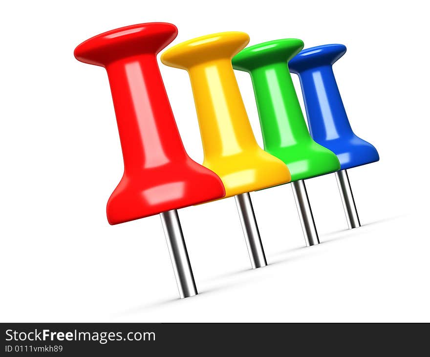 Colored thumbtacks on white background