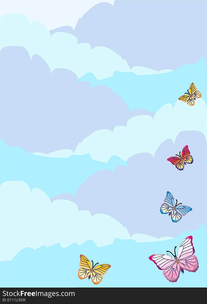 Illustration of color butterflies and sky. Illustration of color butterflies and sky