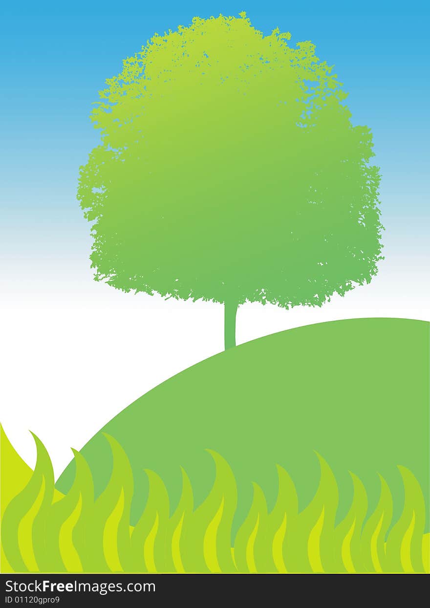 Vector tree and grass with hills and sky background.