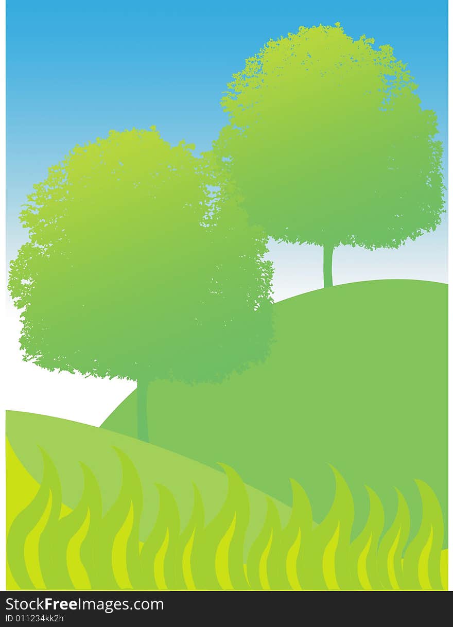 Vector trees and grass with hills and sky background.