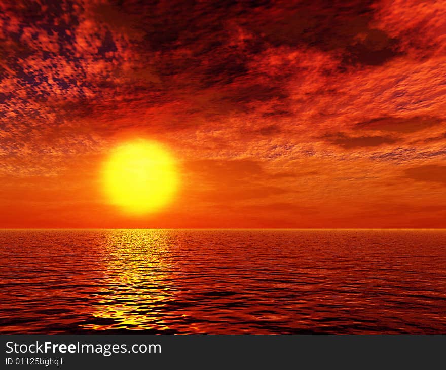 Beautiful sunset over the sea. 3d image