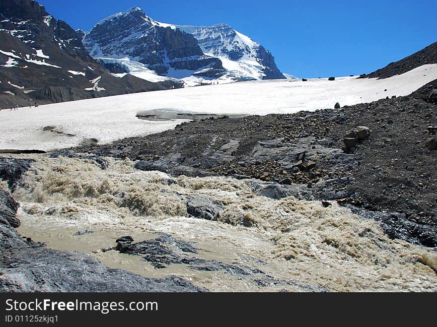 Columbia Glacier and the water flow melting from the glacier in Rockies Icefield National Park