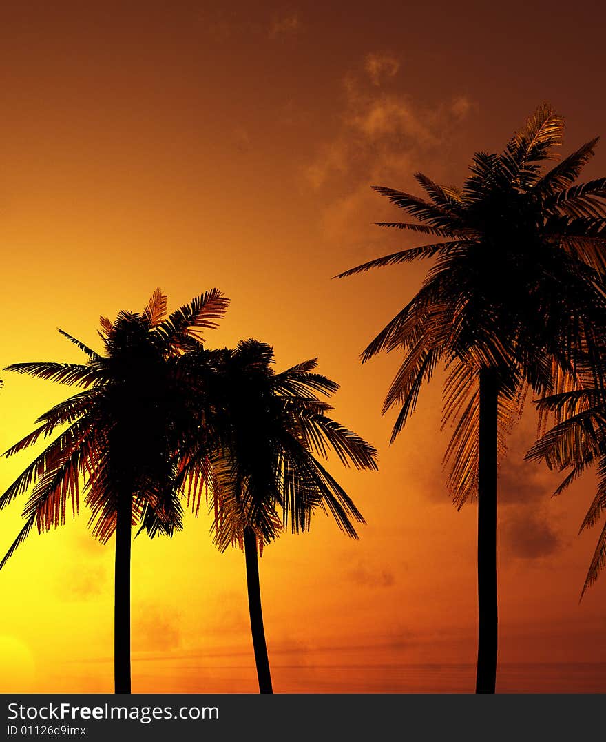 Beautiful sunset with palms. 3d image