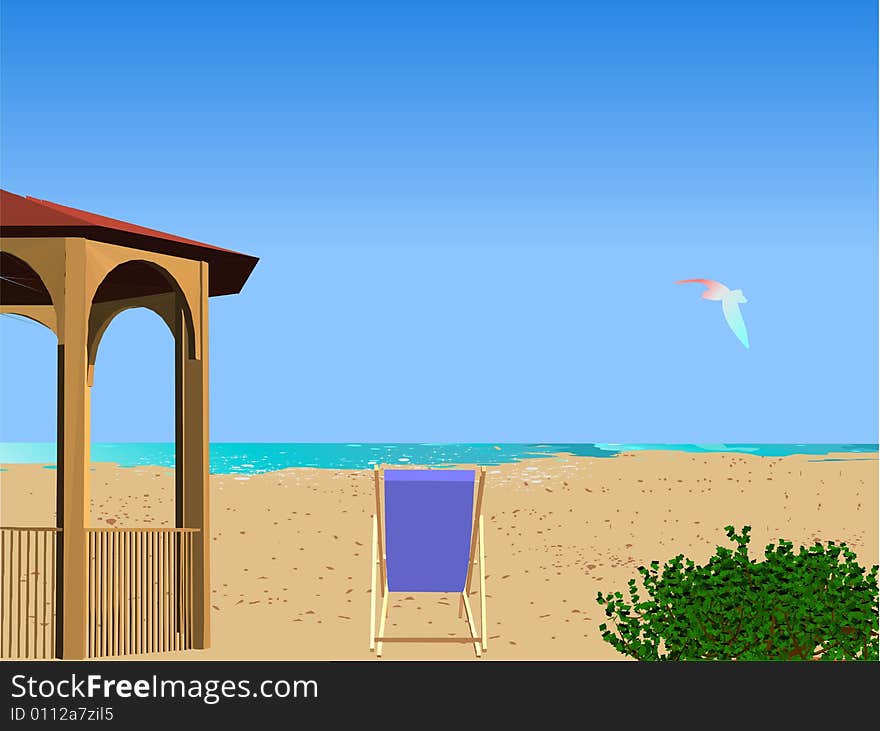 Summer beach scene with chaise lounge