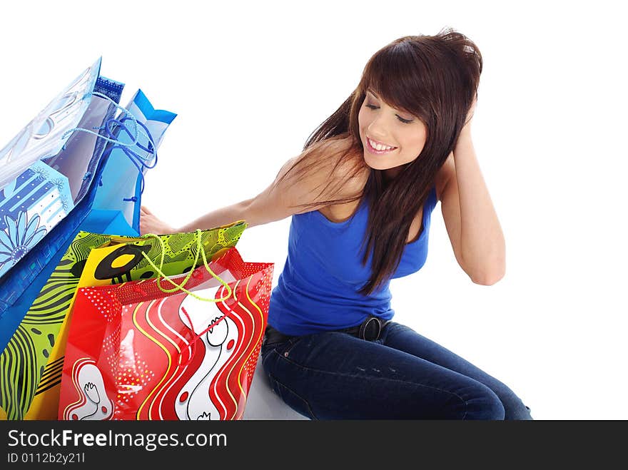 Happy shopping girl. white background