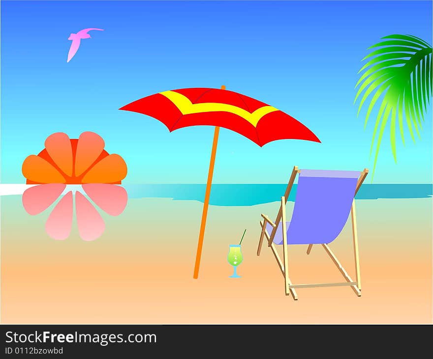 Summer beach scene with chaise lounge and umbrella