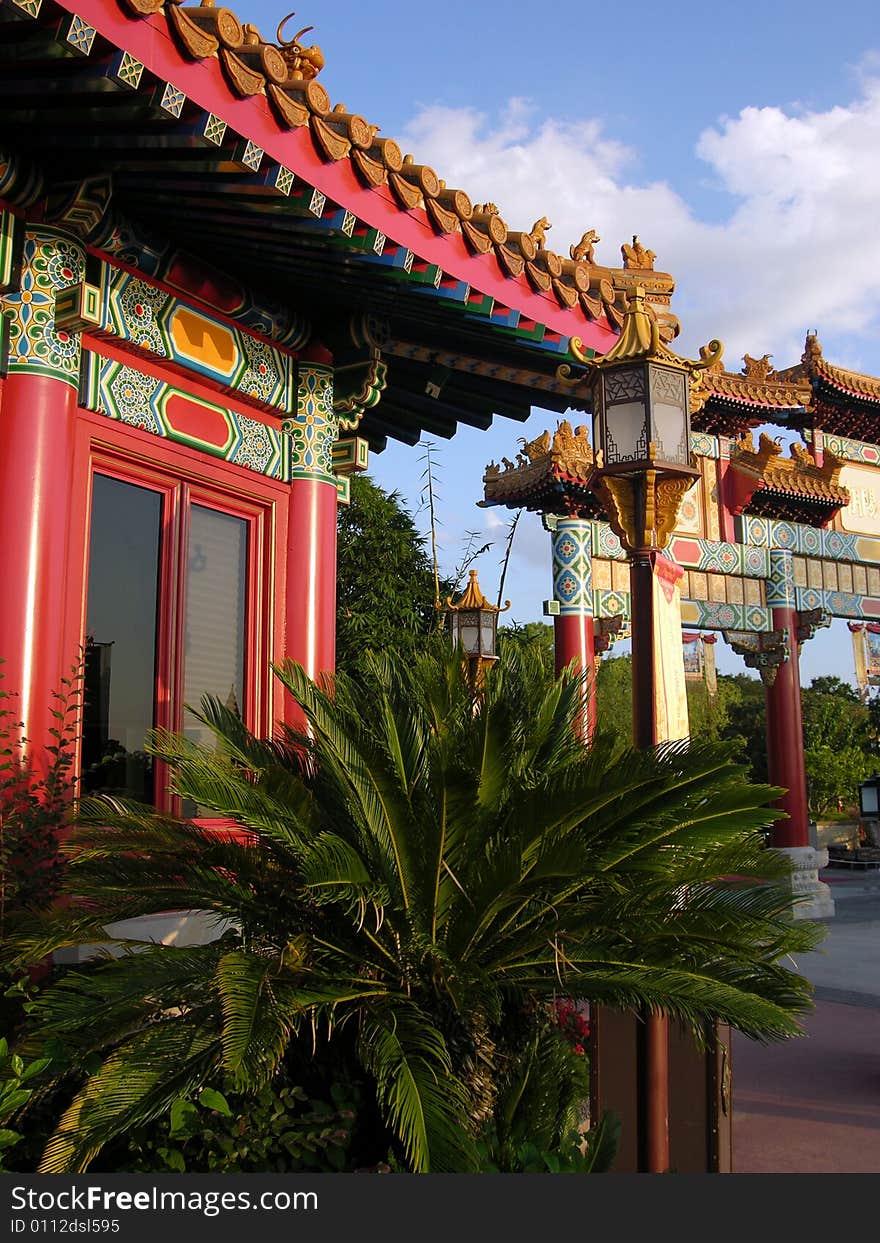 Characteristic Asian exterior in warm sunset light in one of Florida's parks.