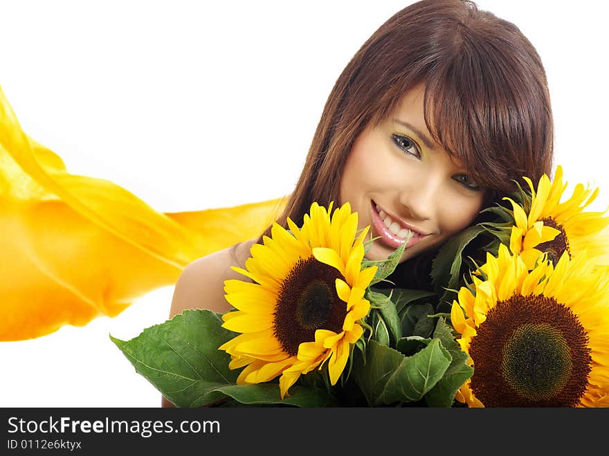 Beautiful girl with sunflowers on white background. Beautiful girl with sunflowers on white background