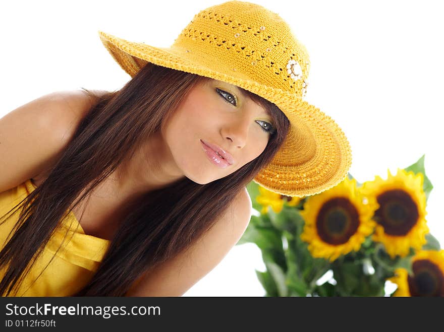 Beautiful girl with sunflowers on white background. Beautiful girl with sunflowers on white background