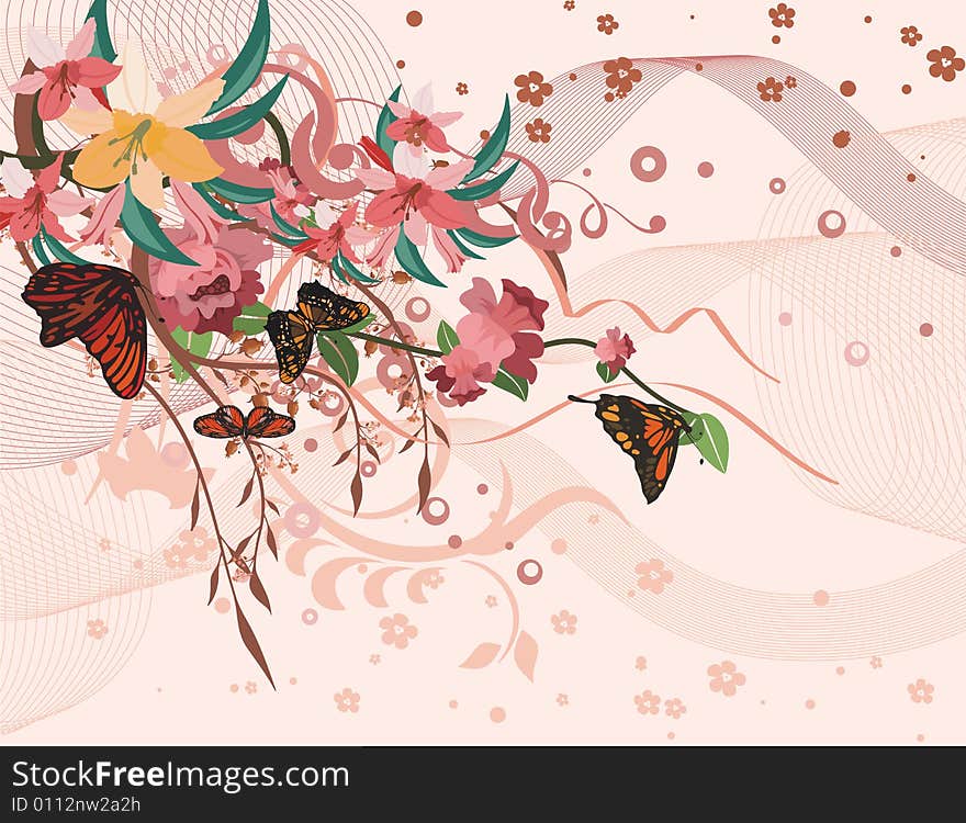 Floral background with butterflies, vector illustration series. Floral background with butterflies, vector illustration series.