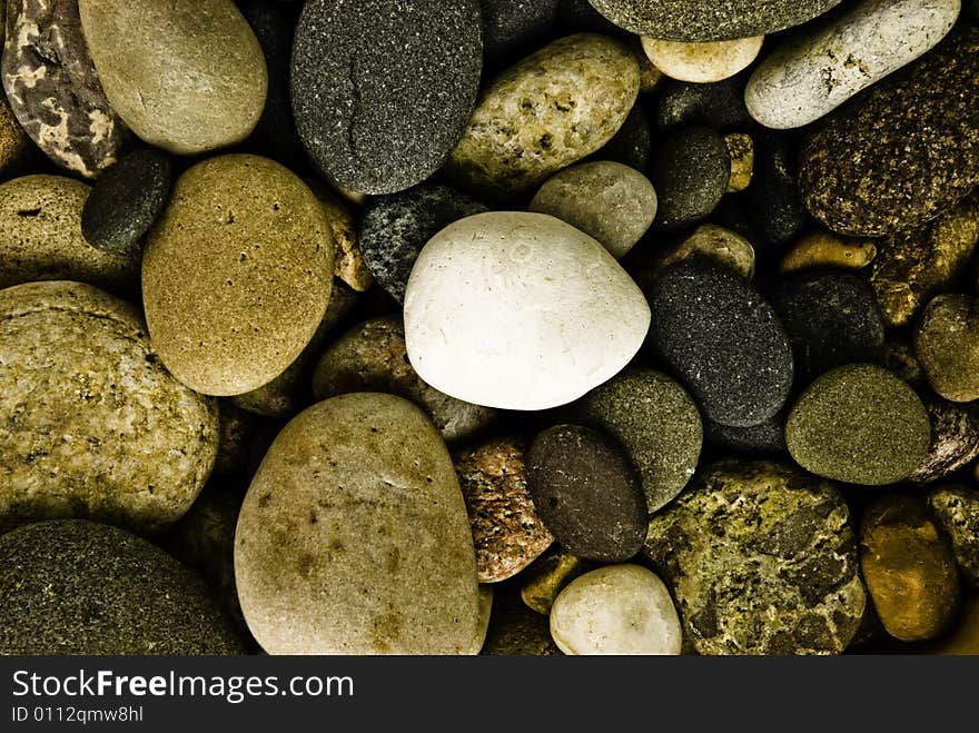 Group of rounded stones with one white stone in the center of the frame. Group of rounded stones with one white stone in the center of the frame